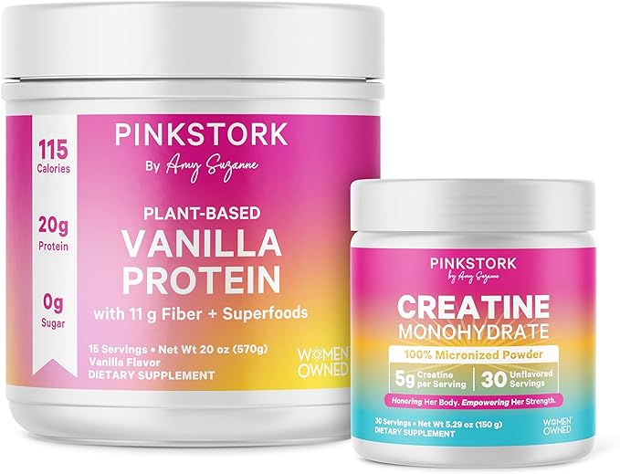 Pink Stork Workout Supplements for Women Bundle - 5g Micronized Creatine Monohydrate + 20g Vanilla Plant Based Protein Powder for Women Supports Muscles Energy Cognitive Function