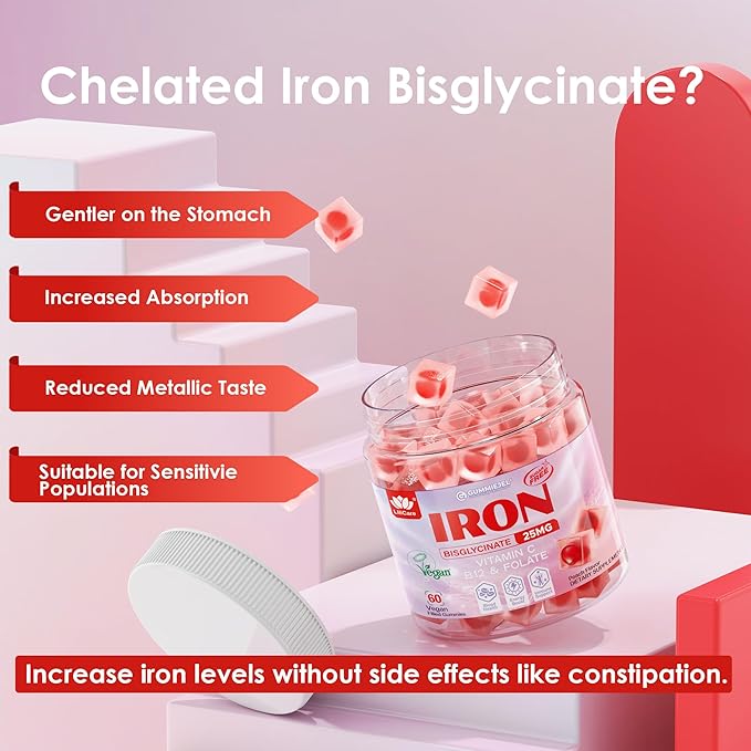 Iron Gummies for Women 25mg Plus Vitamin C Beet Root Vitamin B12 Folate for Iron Deficiency Anemia Energy Boost Sugar Free Iron Supplement Non-Constipating No After Taste 60 Cts