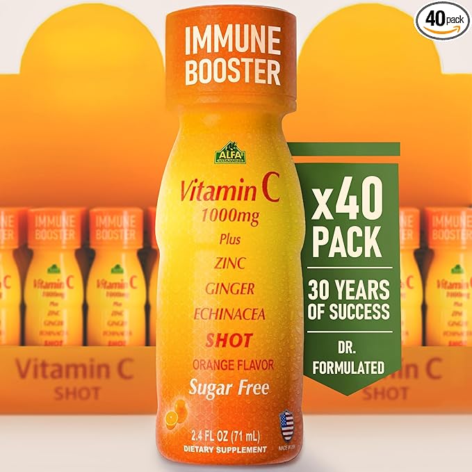 ALFA VITAMINS Vitamin C Shot 1000mg with Zinc Ginger &amp Echinacea – Supports Immune Health &amp Daily Wellness – Orange Flavor – 2.4 FL Oz Bottle – 40 Pack