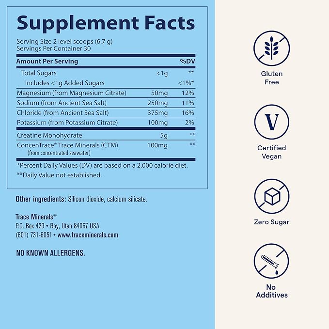 Trace Minerals Creatine + Electrolytes – Creatine &amp Mineral Powder for Peak Performance &amp Optimal Hydration – Supports Brain Muscles &amp Endurance – 5 g Creatine – Tropical Watermelon – 30