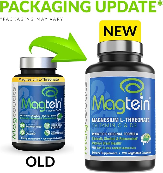 Magtein Magnesium L-Threonate to Improve Cognition Focus Memory Sleep Quality and Brain Health with Small Caps - 120 Vegetable Capsules