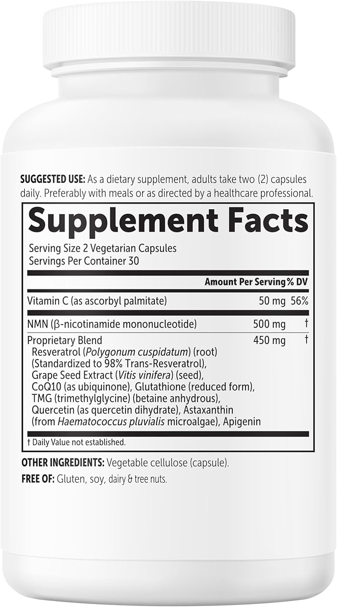 NMN Complex 1000mg Per Serving 60 Veggie Capsules | 10-in-1 with Nicotinamide Mononucleotide Vitamin C Resveratrol CoQ10 TMG Quercetin &amp Glutathione | NAD+ Supplement Precursor | Filler Fr