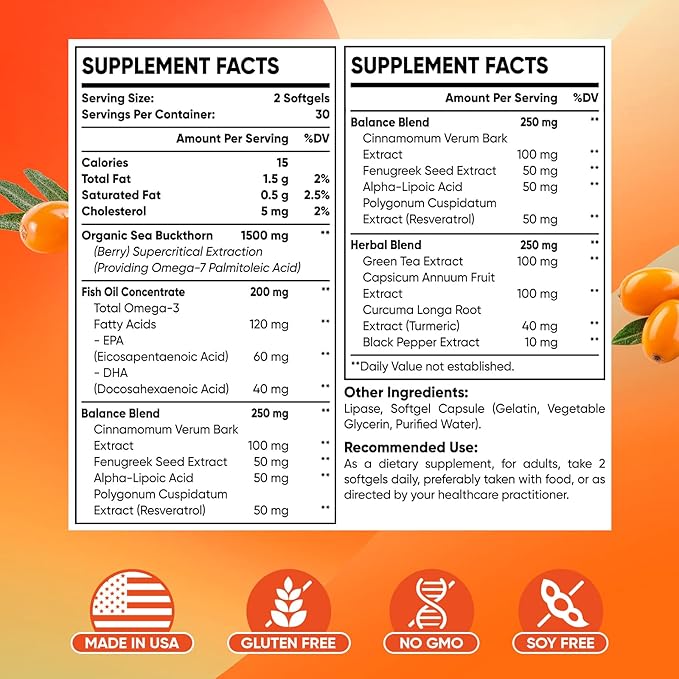Omega-7 Sea Buckthorn Oil - with Omega-3 EPA/DHA Fish Oil Cinnamomum Fenugreek ALA Green Tea Cayenne Pepper Turmeric Resveratrol Black Pepper - Gluten-Free 60 Softgels