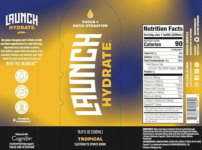 Sports Drink: Tropical Flavor - 16.9 Oz (12 Pack) Energy Drink + Hydration Real Cane Sugar Electrolytes Cognizin for Focus Vitamin B12 Energy Boost L-Glutamine Hydration Formula No Artificial S