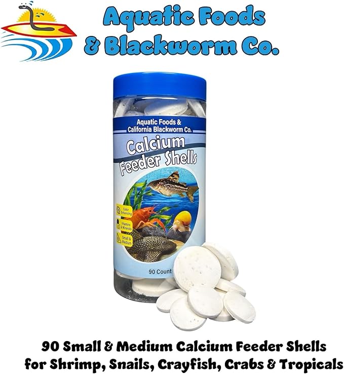 Aquatic Foods Inc. Calcium Feeding Shells Small &amp Medium for Shrimp Snails Crabs Crayfish Plecos Catfish All Tropical Fish 4-Type Wafer &amp 12-Type Pellet Mix Included...90 Count Caniste