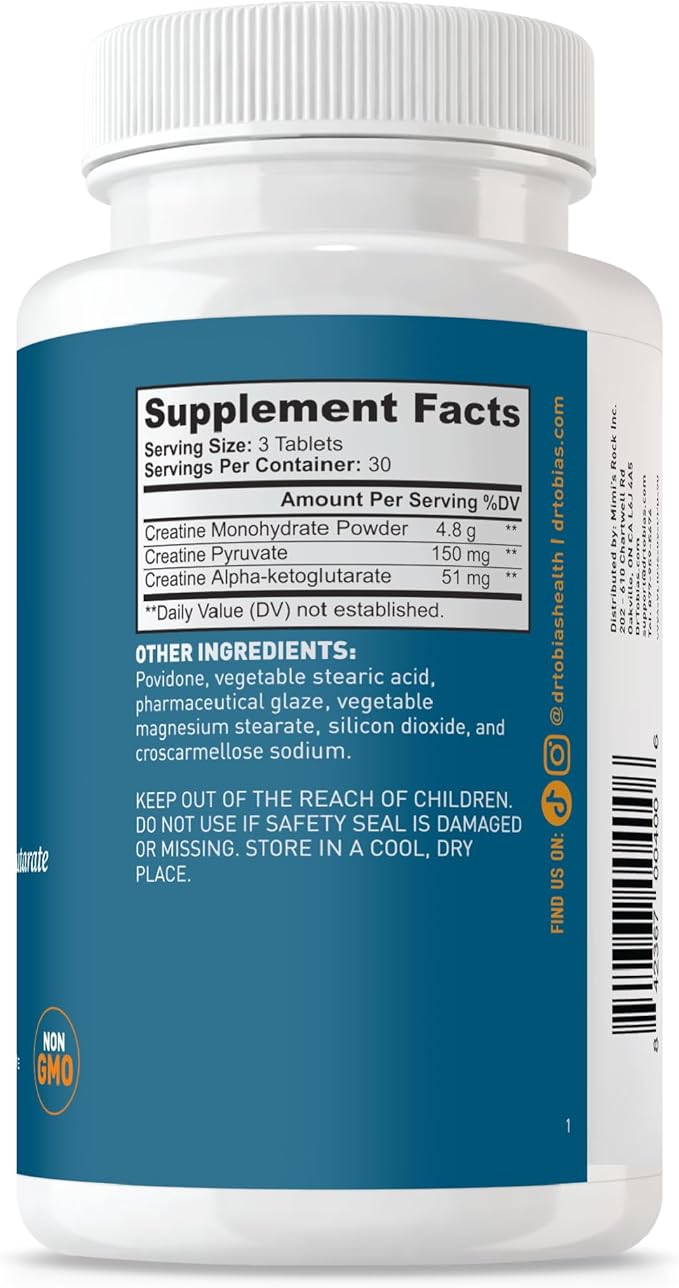 Dr. Tobias Creatine Monohydrate Pills | 5g Complex with Creatine Alpha-Ketoglutarate &amp Pyruvate | Muscle Strength Energy &amp Recovery | 90 Tablets