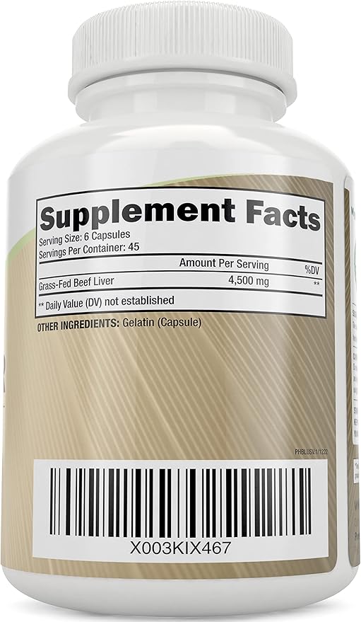 Grass Fed Beef Liver Capsules 4500mg - 270 Capsules 750mg Each - Grassfed Desiccated Liver Supplement - Pasture Raised in Argentina Non GMO Hormone Free Source of Heme Iron CoQ10 Vitamins A &amp B12