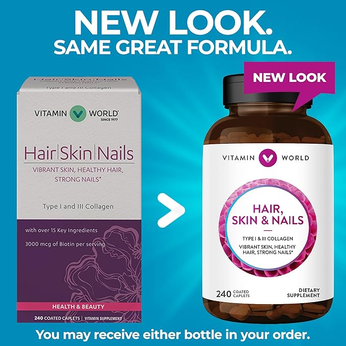 Vitamin World Hair Skin and Nails Formula 240 caplets Type I and III Collagen 3000mcg Biotin Antioxidant Coated Gluten Free