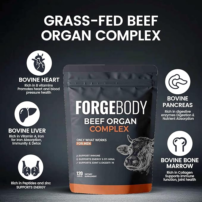 Forgebody Beef Organ Complex Supplement 120 Capsules Grass Fed Beef Liver Capsules Immune Support Gluten Free Non-GMO (1)