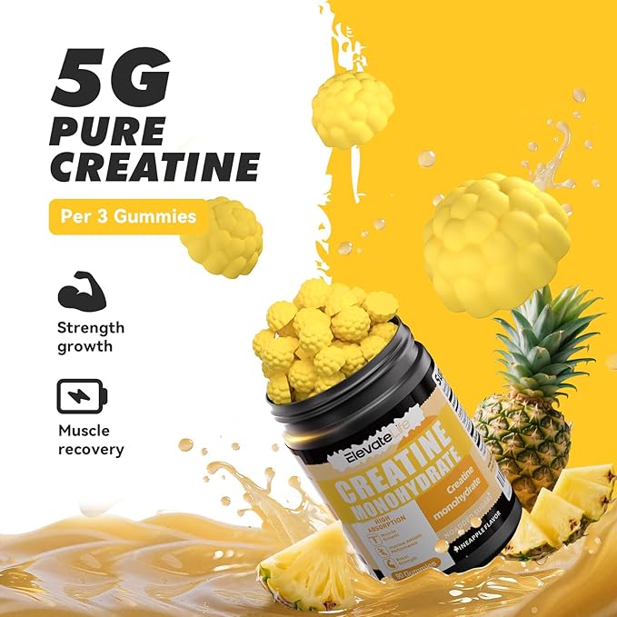 ElevateLife NSF Certified Creatine Monohydrate Gummies 5000mg for Men &amp Women Chewables Creatine Monohydrate for Muscle Strength Muscle Builder Energy Boost Pre-Workout Supplement-90 Pineapple