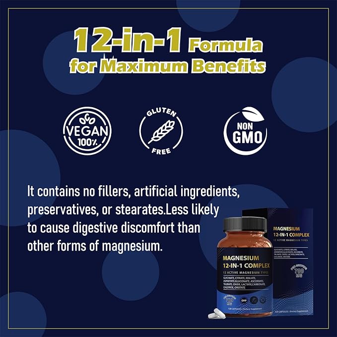 Puravita Magnesium Complex 700mg 12 in 1 Magnesium Supplement with Glycinate Citrate Malate &amp More | Easy Absorption Energy Support Vegan &amp Non-GMO | 120 Capsules (1pc)