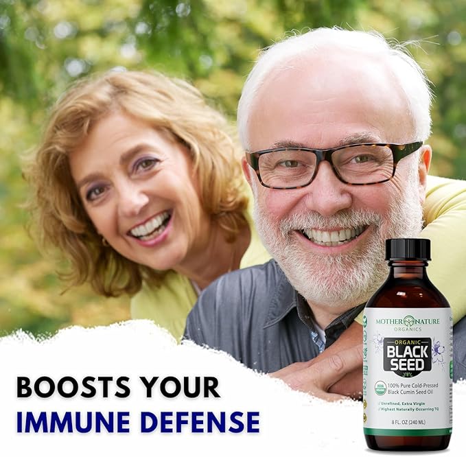 Mother Nature USDA Organic Black Seed Oil High TQ 2% Cold Pressed Unrefined Nigella Sativa Omega 3 6 9 for Immune Joint &amp Heart Support Hair &amp Skin Non-GMO Glass Bottle (8oz)