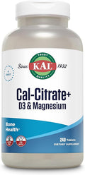 KAL Cal-Citrate+ Calcium Citrate Plus Vitamin D-3 and 500 mg of Magnesium Healthy Bones and Teeth Support Gluten Free and Lab Verified for Quality 60 Servings 240 Tablets