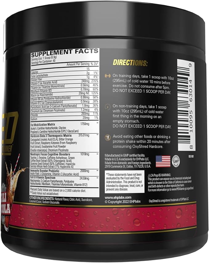 EHP Labs OxyShred Hardcore Super Dosed Pre Workout Powder - Preworkout Powder with L Glutamine &amp Acetyl L Carnitine Energy Boost Drink - 275mg of Caffeine - Cali Cola 40 Servings
