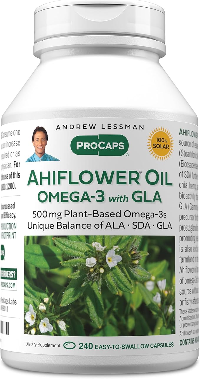 ANDREW LESSMAN Ahiflower Omega-3 with GLA - 240 Softgels - Uniquely Balanced Plant-Based Source of Essential Omega-3 Fatty acids. No Stomach Upset Contaminants or Mercury. Easy to Swallow