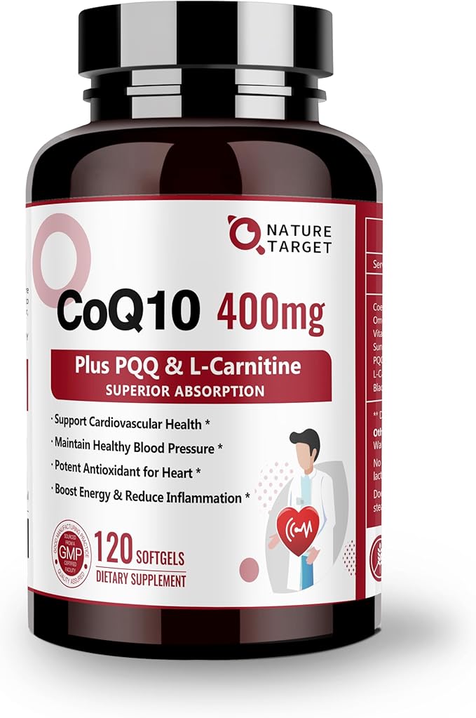 NATURE TARGET CoQ10-400mg with PQQ Omega-3s &amp L-Carnitine High Absorption Coenzyme-Q10 with BioPerine Supports Heart Brain Immune System Energy Production 120 Servings