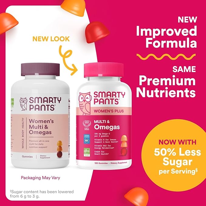 SmartyPants Women's Multivitamin Gummies Omega 3 (DHA/EPA) Methylfolate CoQ10 Vitamin D3 C Vitamin B12 B6 A K &amp Zinc Inositol Gluten Free 120 Count (40 Day Supply)