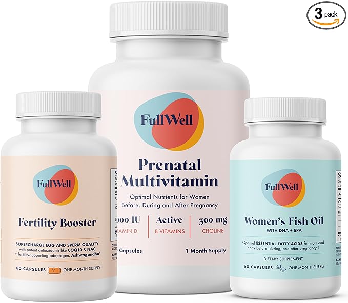 FullWell Women's Fertility Trio - Conception Support for Women - Includes Fertility Booster Prenatal Multivitamin &amp Fish Oil - Supports Egg Health - CoQ10 &amp Ashwagandha - 30 Servings
