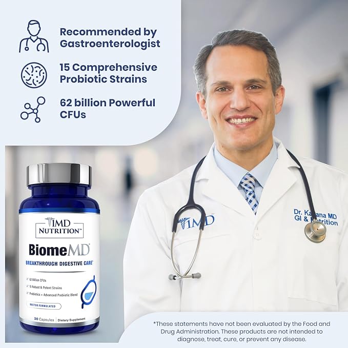 1MD Nutrition BiomeMD Probiotics | 62 Billion CFUs 15 Comprehensive Strains - Pro &amp Prebiotics | Doctor-Formulated for Digestive Health &amp Immune Support | 60 Capsules