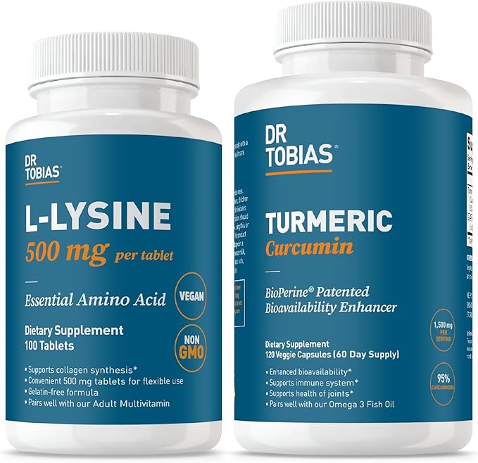 Dr. Tobias L‑Lysine 500 mg Tablets + Turmeric Curcumin 1500 mg with BioPerine (120 Vegan Capsules) – Essential Amino Acid Support Plus Extra Strength Joint Immune &amp Vitality Formula