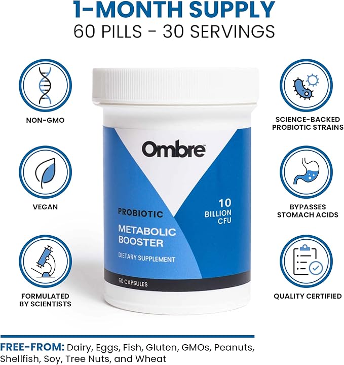 Ombre Metabolic Booster Probiotic - Supports Metabolism Healthy Weight Management &amp Digestion - Energy &amp Gut Health Supplement for Women and Men - 10 Billion CFU Prebiotic Fiber Vegan 30 S