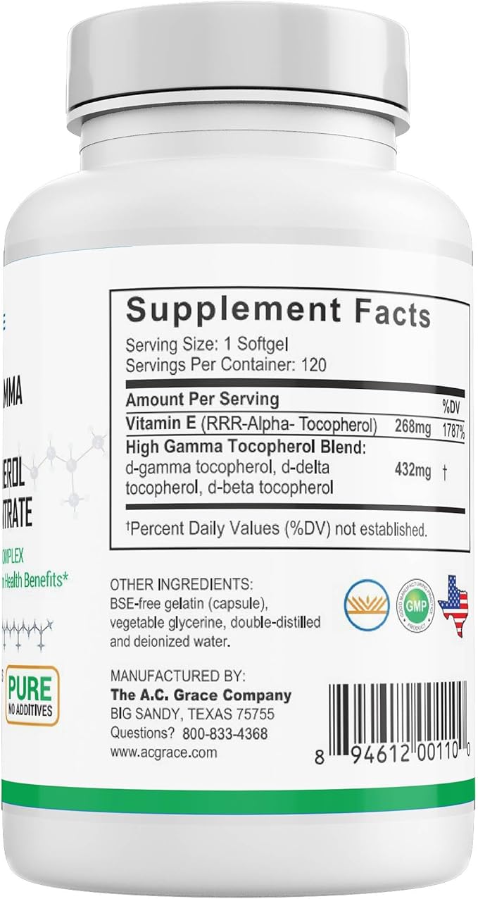 UNIQUE E A.C. Grace Company Mixed Tocopherols 120 Soft Gels Supports Healthy Brain Function General Health and Aging Support All-Natural Vitamin E and Kosher