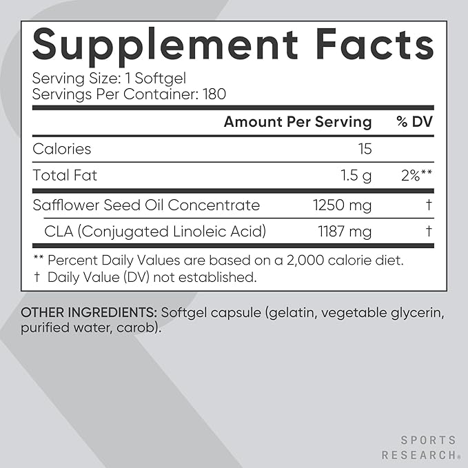Sports Research CLA - 1250mg with Active Conjugated Linoleic Acid for Men and Women | Non-GMO Soy &amp Gluten Free - 95% (180 Softgels)…