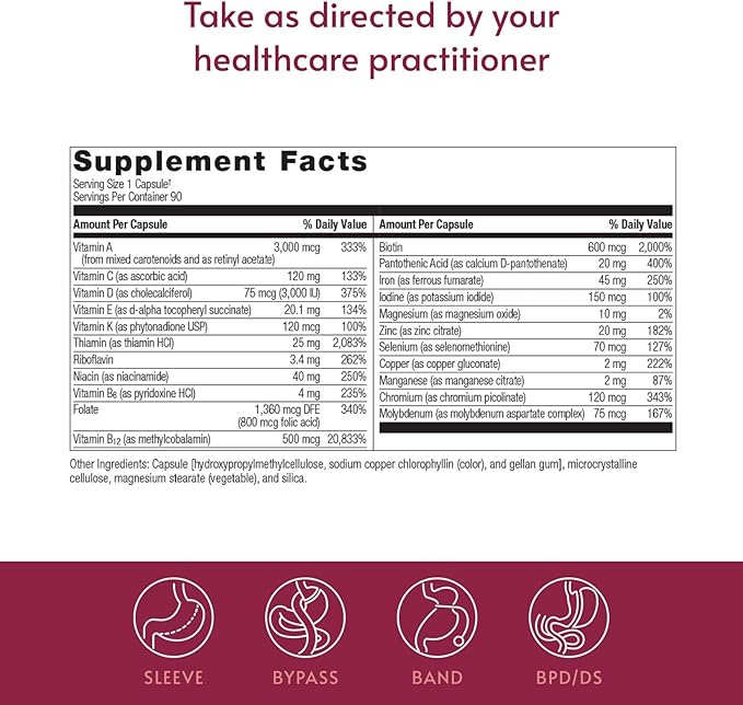 Bariatric Advantage Ultra Solo with Iron - Once-Per-Day Daily Multivitamin - for Bariatric Patients - with Thiamin Vitamin A &amp More - Gluten Free - 90 Capsules