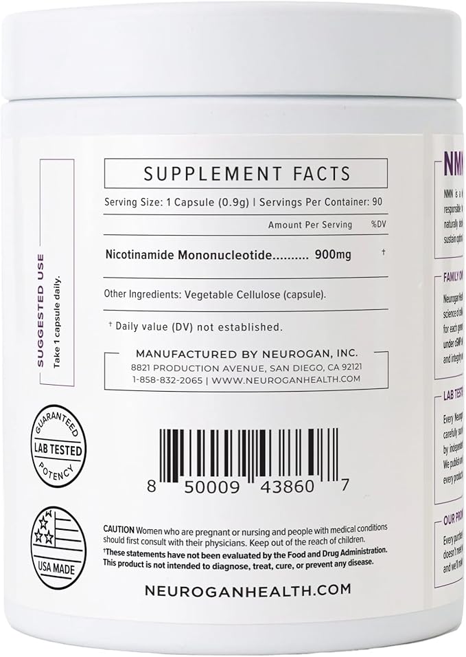 Neurogan Beta NMN (β-NMN) Supplement – 900 mg per Serving 99.6% Purity – NAD+ Precursor for Cellular Energy &amp Vitality – 90 Capsules (3-Month Supply) – Made in USA