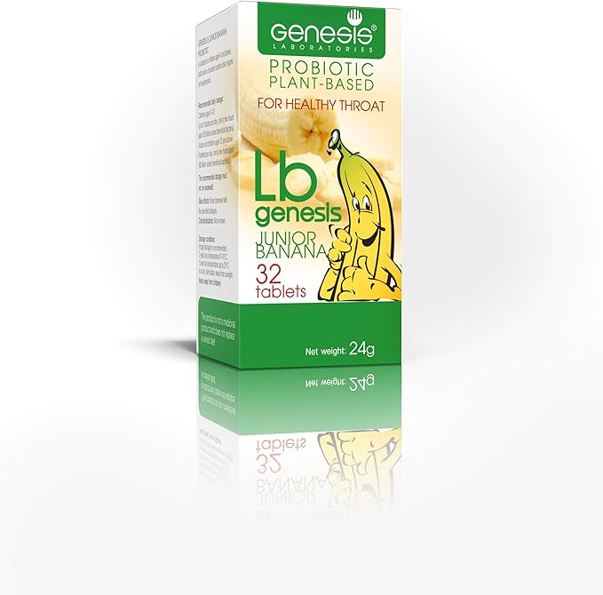 Genesis LB Junior Banana Vegan Probiotic Lozenges – Lactobacillus Bulgaricus with Freeze-Dried Bananas &amp Xylitol – Supports Throat and Gut Health – Dairy-Free Gluten-Free Non-GMO 32 Tablets