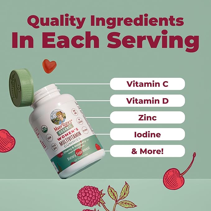 MARYRUTH'S Multivitamin Gummies for Women Ages 14+ | Immune Support | Hair &amp Skin Health | Reproductive Health | Vitamin A C D E B6 B12 Biotin Zinc Iodine | Organic | Vegan | Non-GMO | 60 Count