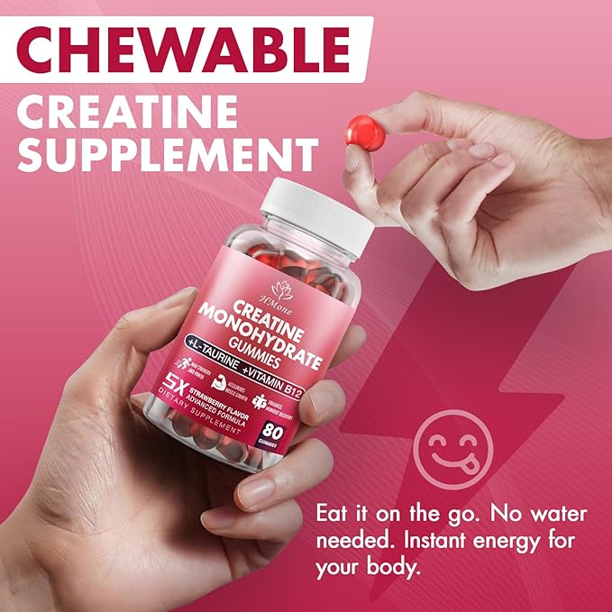 Creatine Monohydrate Gummies - 5g for Men &amp Women 160 Count and Creatine Chewable Supplements for Muscle Gain Muscle Strength Energy Boost and Muscle Builder Sugar Free Vegan (Strawberry)
