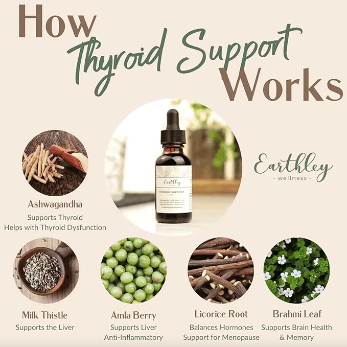Earthley Wellness Thyroid Support Tincture Organic Herbal Supplement for Thyroid Health Hormonal Balance &amp Immune Support Ashwagandha Milk Thistle Amla Berry Licorice &amp Brahmi (4oz 240+