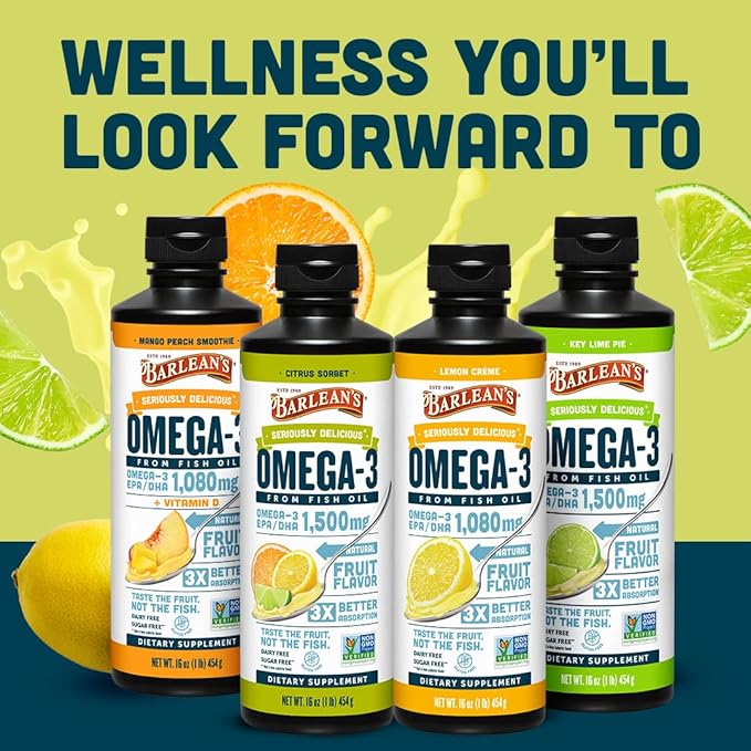 Barlean's Omega 3 Fish Oil Liquid Supplement for Men and Women 1500mg of EPA and DHA Fatty Acid Promotes Brain &amp Heart Health - Non-GMO Citrus Sorbet 16 oz