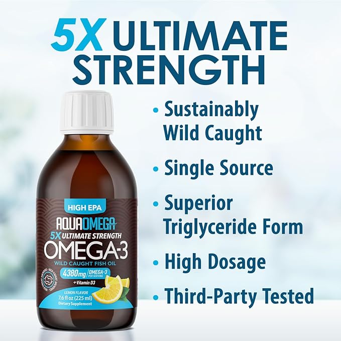 5X Ultimate Strength Omega 3 Fish Oil Liquid with Vitamin D Burpless Liquid Fish Oil Supplements with High EPA and DHA Omega 3 Fatty Acid Supplements 7.60 floz Lemon Flavor