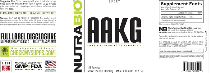 NutraBio Arginine AKG Workout Supplement Powder 500g Helps Support Lean Mass Gains Boost Nitric Oxide and Enhance Muscle Growth