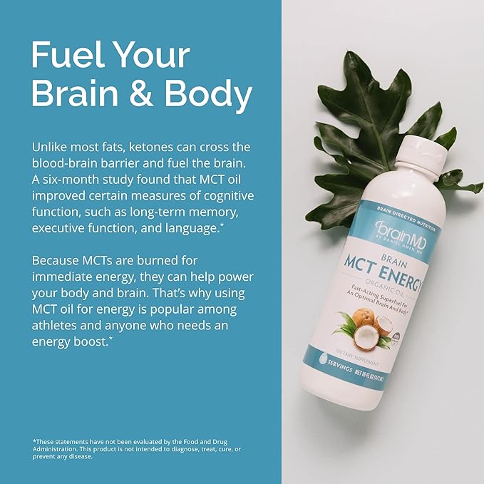 BRAINMD Dr Amen Brain MCT Energy - 16 fl oz - Energy Support for Brain &amp Body - Improves Focus &amp Satiety - Clean &amp Fast Acting - Gluten Free - 31 Servings