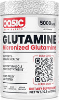 Basic Glutamine Powder 5000mg L-Glutamine for Muscle Recovery Immune Support Protein Synthesis Vegan Gluten-Free Unflavored 60 Servings