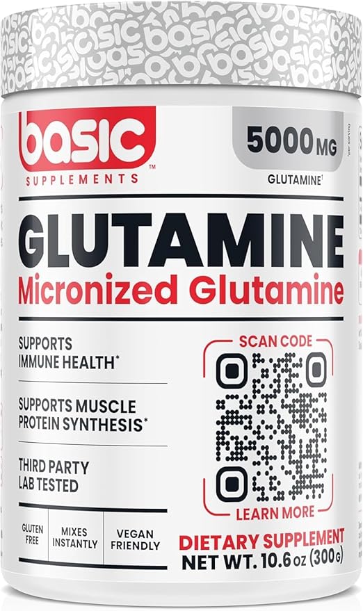 Basic Glutamine Powder 5000mg L-Glutamine for Muscle Recovery Immune Support Protein Synthesis Vegan Gluten-Free Unflavored 60 Servings