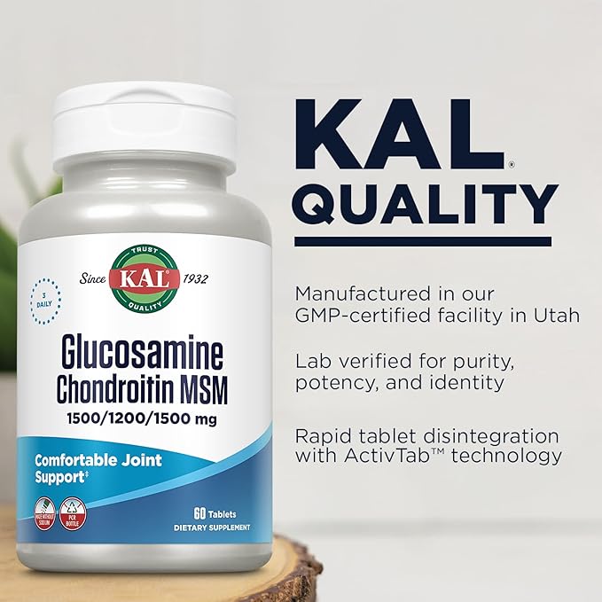 KAL Glucosamine Chondroitin MSM Joint Support Supplement for Women and Men 1500mg Glucosamine Sulfate 1200mg Chondroitin 1500mg MSM Rapid Disintegration 60-Day Guarantee 20 Servings 60 Tablets