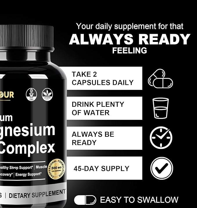 Magnesium Glycinate Complex Supplement - 7 Type Magnesium Complex with Vitamin B6 Magnesio Glycinate Citrate Malate &amp More - High Absorption Vegan Non-GMO - 90 Capsules