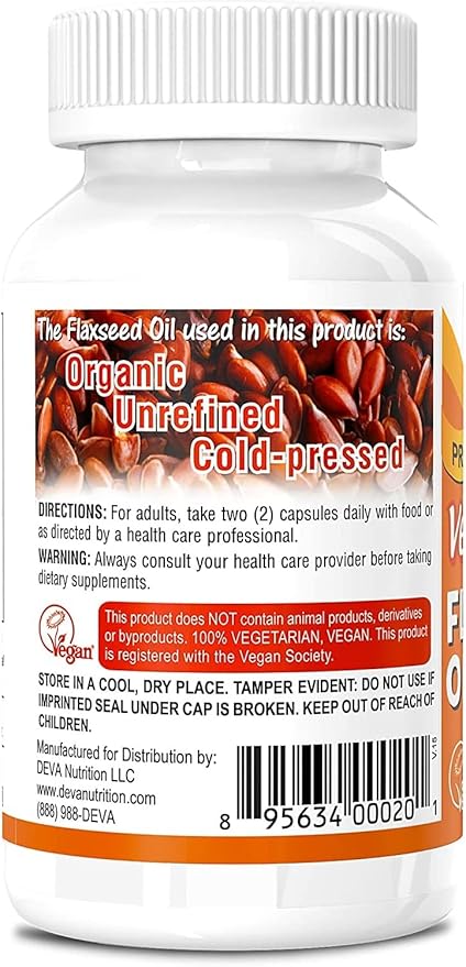 DEVA Organic Vegan Vitamins Flax Seed Oil - Rich in Omega-3 Cold-Pressed &amp Unrefined - 90 Capsules (Pack of 3)