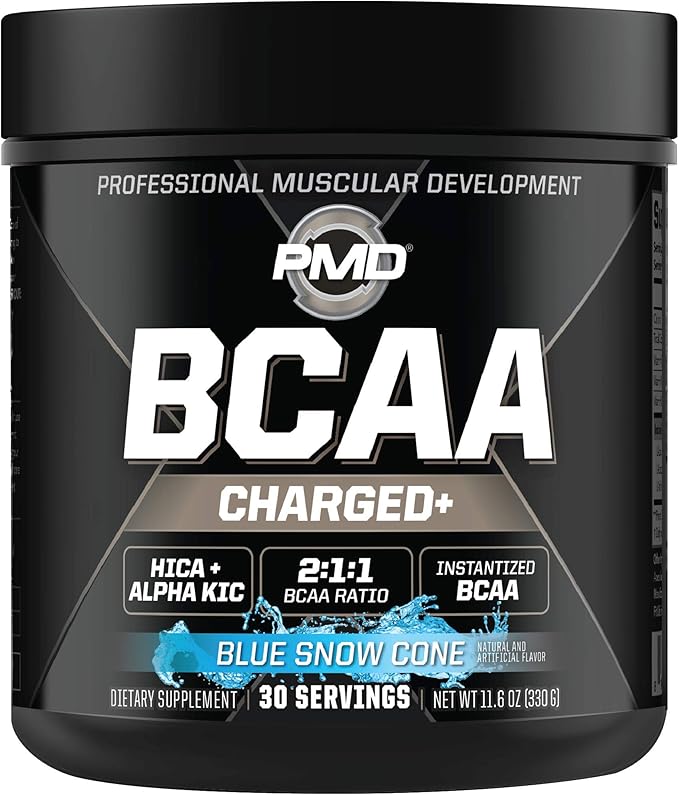 PMD Sports BCAA Charged Delicious Amino Acid Drink Mix for Performance Recovery Endurance and Hydration - Increase Muscle Function for Workout and Daily Energy – Blue Snow Cone (30 Servings)