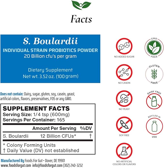 Foods For Gut Saccharomyces Boulardii Probiotic Powder 20 Billion cfu's | No Additives | Digestive &amp Immune Support | High Potency | S. Boulardii | 100 Gram (3.52 Oz)