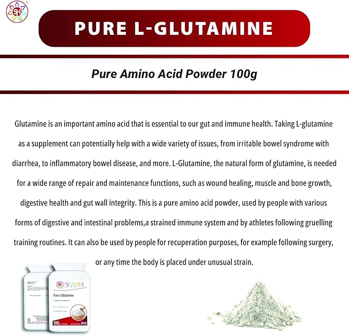 Pure L-Glutamine 100g Pure Targeted Release Vegan Amino Acid Powder for Gastrointestinal Integrity Neurological Activity Irritated Bowels &amp Immune Support | Shakra Health