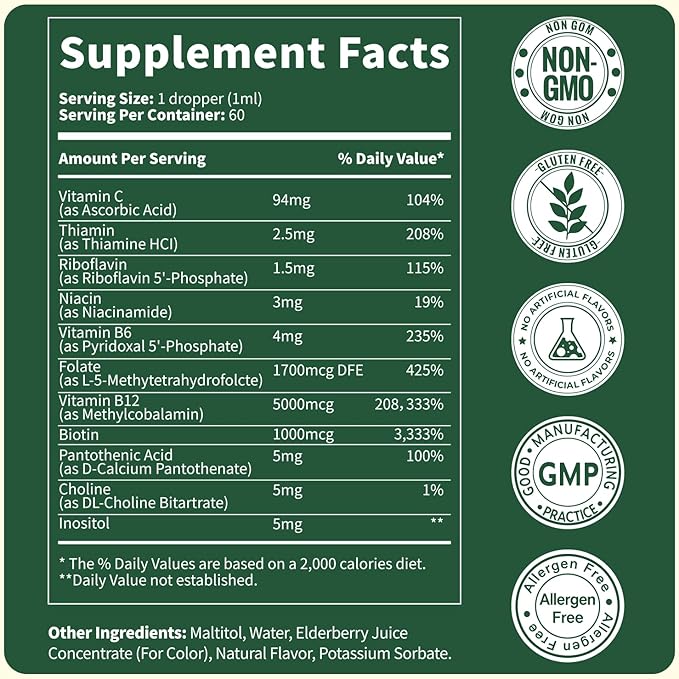 Vitamin B Complex Drops Active B12 Methylcobalamin 5000mcg B6 B1 B2 B5 B7 B3 Folate with Vitamin C B12 Sublingual Liquid Fast Absorption | Boost Energy Focus &amp Immunity Vegan | 60 Servi