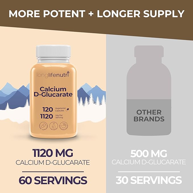Calcium D-Glucarate - 120 Vegetarian Capsules 2-Month Supply 1120mg per Serving for Detox Support &amp Internal Balance Non-GMO Gluten Free Made in USA GMP Certified