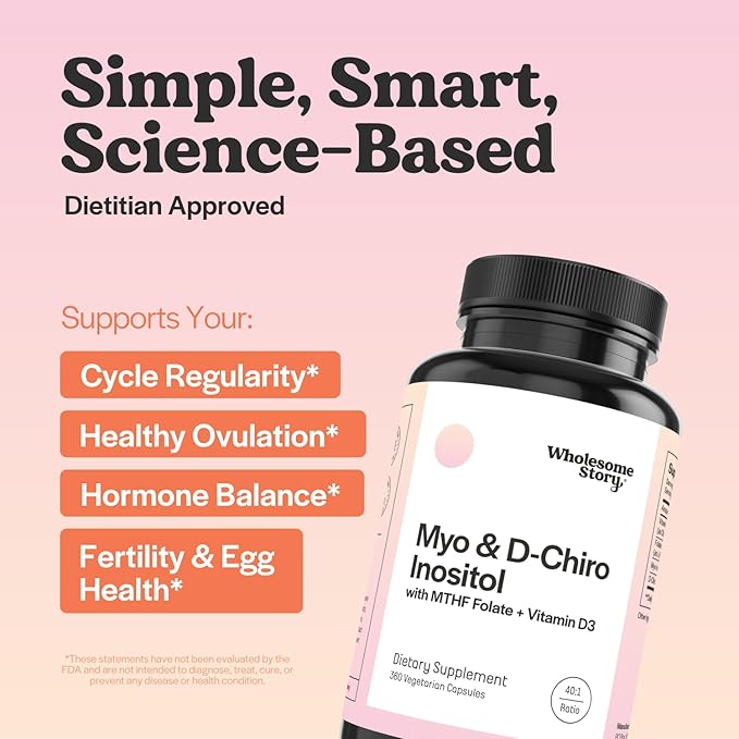 Myo-Inositol &amp D-Chiro Inositol Capsules with MTHF Folate Vitamin D | Support for Ovarian Function Hormone Balance &amp Homocysteine Levels | Fertility Supplements for Women | 360 Count 40:1