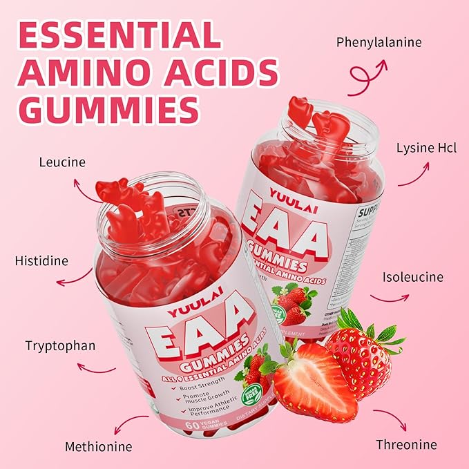 Pack of 2 EAA Gummies Essential Amino Acids - All 9 Essential Aminos (EAA) and All Branched-Chain Aminos (BCAAs) for Muscle Recovery Energy Support Strawberry Flavor 120 Count