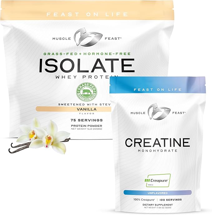 Muscle Feast Bundle – Creapure Creatine Monohydrate Powder Unflavored 500g (1 Unit) + Grass-Fed Whey Protein Isolate Vanilla 5lb (1 Unit) All Natural Hormone-Free Pasture Raised